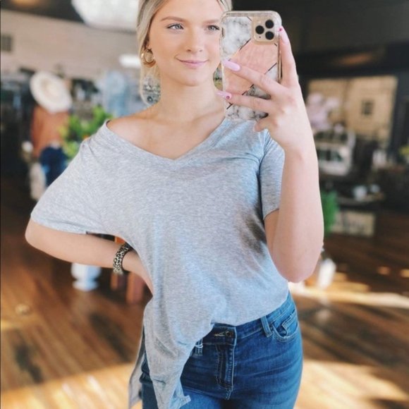 BASICALLY YOU V-NECK SHIRT-GRAY - Picture 1 of 3